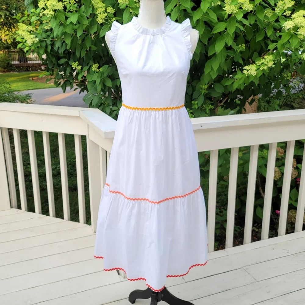 New! J Crew size 2 White Tiered Midi Ruffle Dress Rickrack Trim NWT - Picture 3 of 6